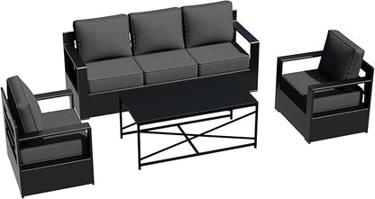 Outdoor Aluminum Furniture Set, 4-Piece Patio Conversation Set, 2 Chairs, 1 Sofa and 1 Table, All-Weather Metal Frame, 6" Thick Removable Cushions, Deep Setting for Garden, Poolside and Porch