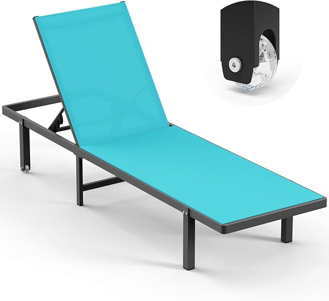 Lounge Chair Outdoor with Wheels, Aluminum Patio Chaise Lounge Chair with 5 Adjustable Backrest - Easy to Move- Pool Lounge Chairs for Deck, Beach, Poolside (Lakeblue)