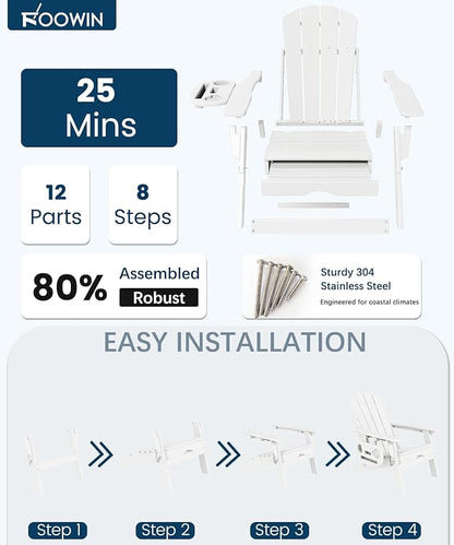 FOOWIN Folding Adjustable Adirondack Chair with Retractable Ottoman, HDPE Adirondack Chair w/4 in 1 Cup Holder Trays,All-Weather Resistant Fire Pit Chair for Outdoor Patio Lawn, White