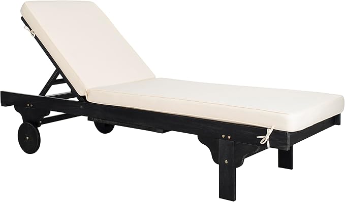 SAFAVIEH Outdoor Collection Newport Black/ Beige Cushion Built-in Side Table Adjustable Chaise Lounge Chair