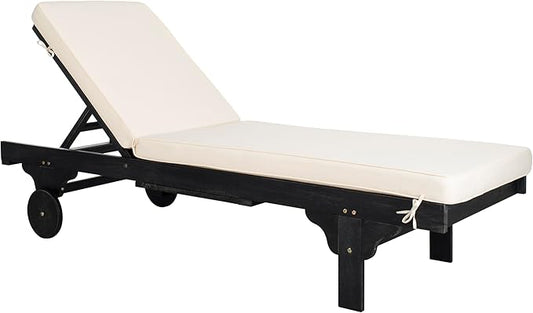 SAFAVIEH Outdoor Collection Newport Black/ Beige Cushion Built-in Side Table Adjustable Chaise Lounge Chair