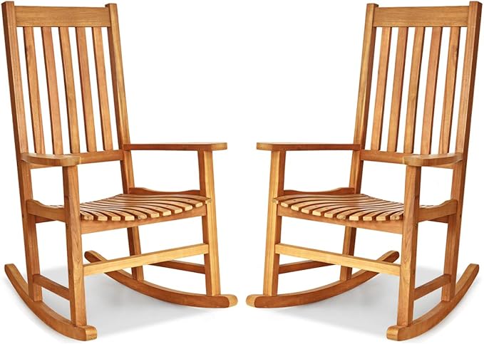 Giantex Rocking Chair Acacia Wood Frame, Porch Rocker Outdoor& Indoor for Garden, Lawn, Balcony, Backyard and Patio Porch Rocker (2, Natural)