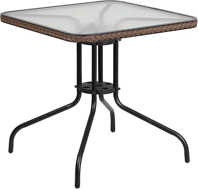 Flash Furniture Barker 28'' Square Tempered Glass Metal Table with Dark Brown Rattan Edging - Photo 1