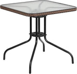 Flash Furniture Barker 28'' Square Tempered Glass Metal Table with Dark Brown Rattan Edging - Photo 1