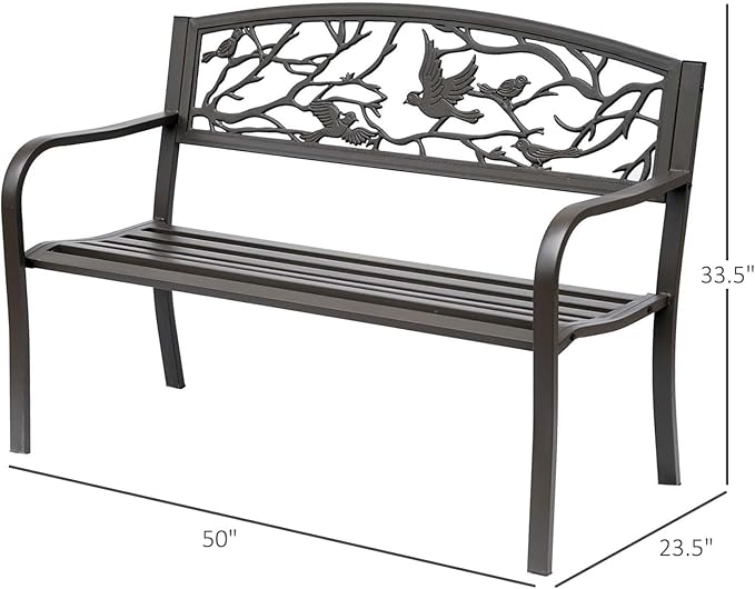 50" Cast Steel Metal Garden Bench, Floral Pattern for Yard, Lawn, Porch Porch, Brown