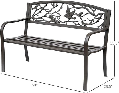 50" Cast Steel Metal Garden Bench, Floral Pattern for Yard, Lawn, Porch Porch, Brown