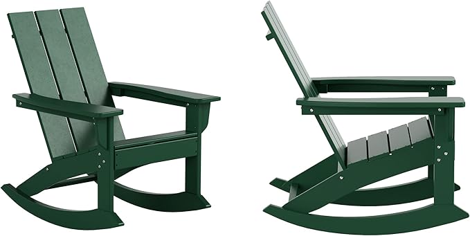 WO WESTIN OUTDOOR HDPE Shoreside Modern Rocking Poly Adirondack Chair (Set of 2),Dark Green