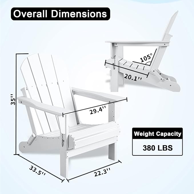 Folding Adirondack Chairs, Patio Chair, Patio Adirondack Chair Weather Resistant, Outdoor HDPE All-Weather Adirondack Chair for Fire Pit, Pool, Balcony, Backyard, White