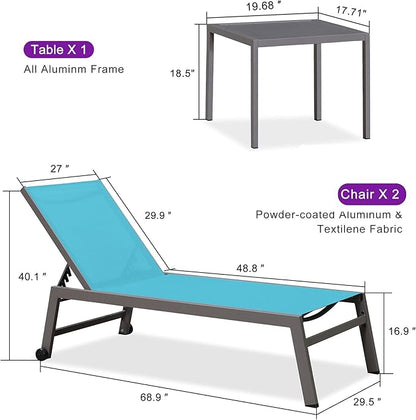 PURPLE LEAF Outdoor Chaise Lounge Set for 2 Oversized Pool Lounge Chairs with Easy-to-Move Wheels and Adjustable Backrest Extra Large Patio Loungers for Poolside Deck Beach Yard Table Included, Blue