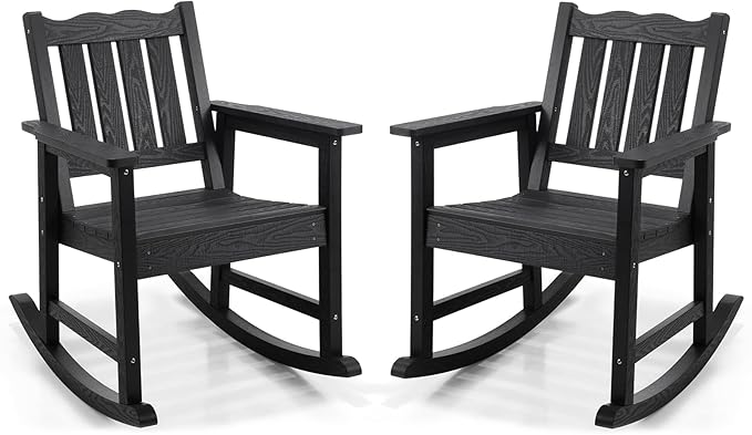 Stoog Outdoor Rocking Chairs Set of 2, All-Weather HIPS Patio Rocking Chair with 400 lbs Support, Rocking Chairs for Porch, Backyard, Garden and Deck, Black