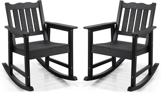 Stoog Outdoor Rocking Chairs Set of 2, All-Weather HIPS Patio Rocking Chair with 400 lbs Support, Rocking Chairs for Porch, Backyard, Garden and Deck, Black