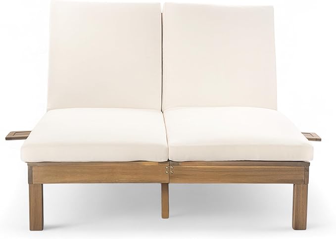 Outdoor Double Chaise Lounge with 5-Position Adjustable Backrest, Cushion and Folding Side Trays for 2 Person - Photo 5