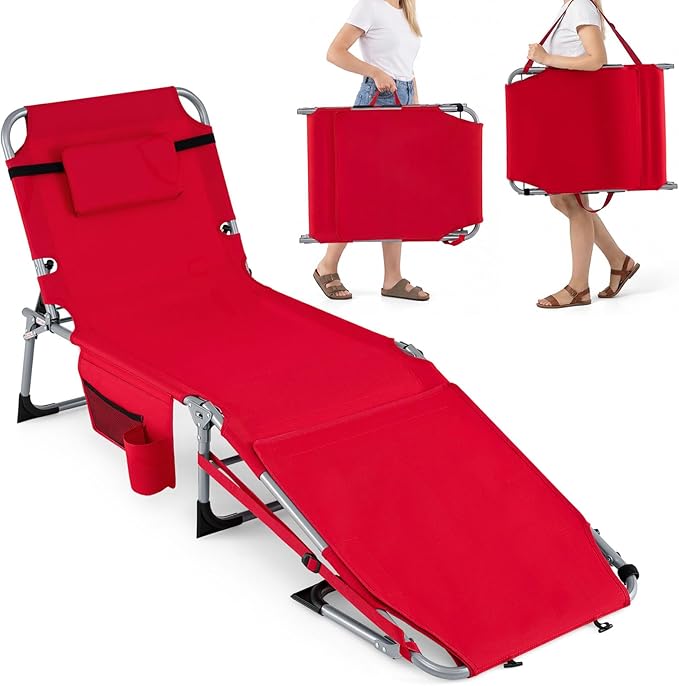 GYMAX Tanning Chair, 330LBS Beach Lounge Chair with Face Arm Hole & Hand Shoulder Strap, Folding Layout Sunbathing Chair - Photo 1
