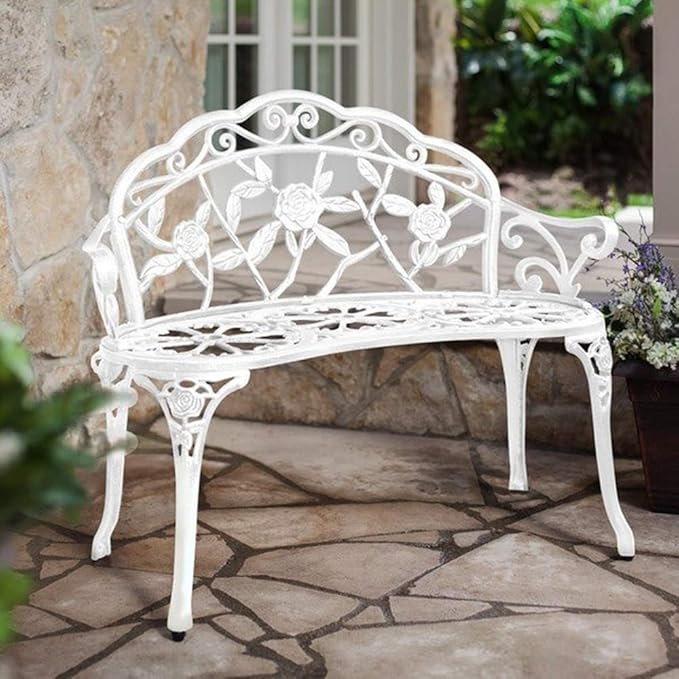 HOMEFUN Outdoor Bench, Patio Garden Benches Metal Loveseat White Cast-Aluminum Outside Furniture for Park Lawn Front - Photo 1