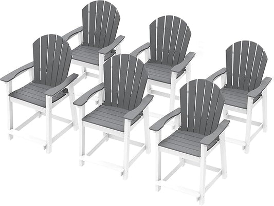 Tall Adirondack Chair Set of 6, Eco-Friendly Recycled Stylish Patio Bar Stools & Heavy Duty Lifeguard Chair, Perfect for High Top Table & Chairs on Your Balcony, Grey