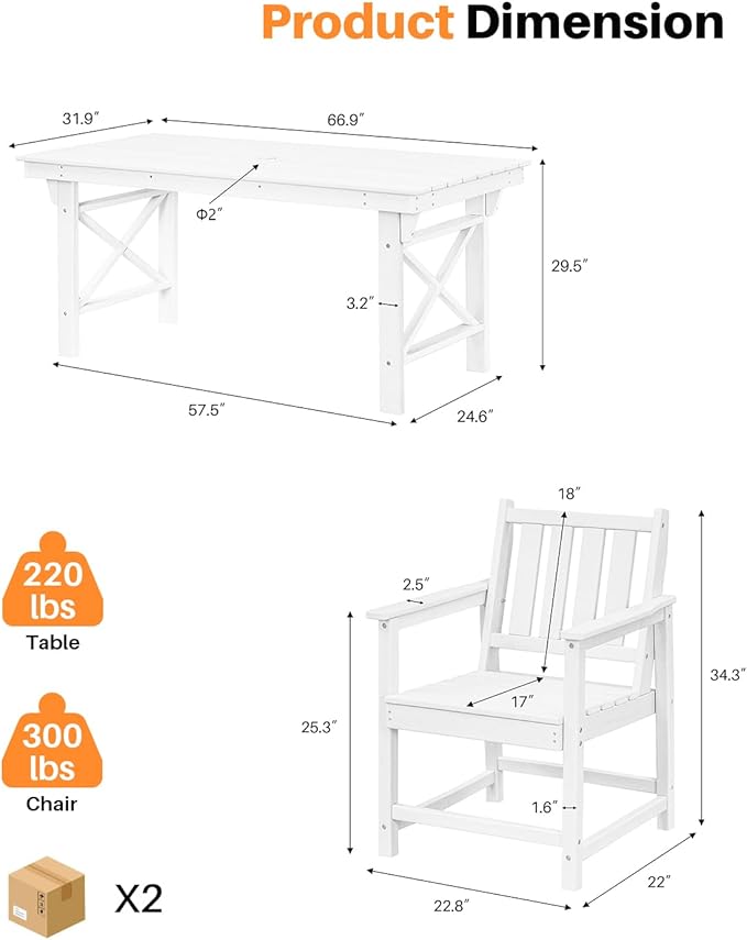 HDPE Patio Dining Set, 5-Piece Outdoor Table and Chairs with Umbrella Hole, Modern Outdoor Dining Set for 4 - Photo 3
