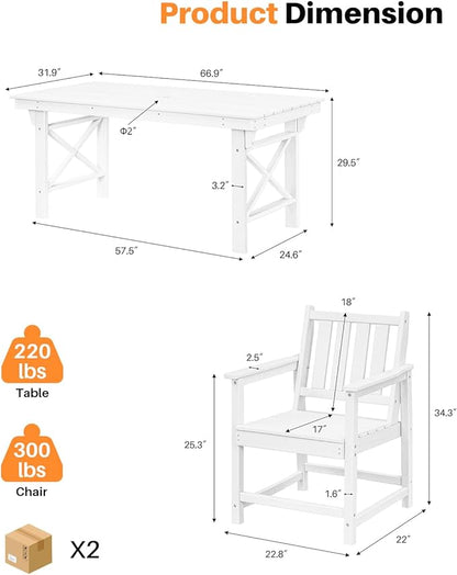 7 Pieces HDPE Outdoor Dining Set, Patio Dining Set with Umbrella Hole, All Weather Outdoor Dining Table Sets for 6, HDPE Patio Furniture Sets for Deck, Backyard, Lawn, and Poolside, Pearl