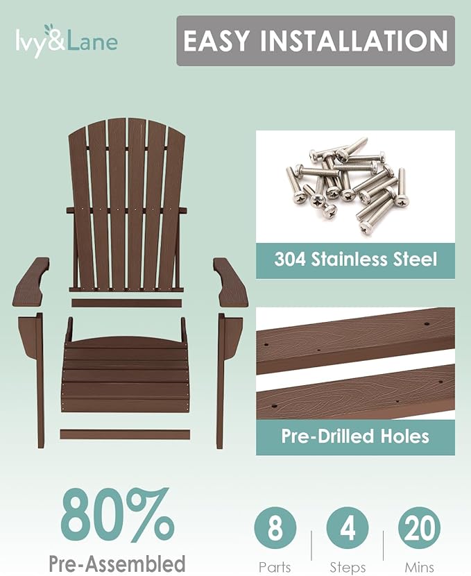 IVY&LANE Adirondack Chairs Set of 2 | Wood Grain HDPE Plastic | Outdoor Fire Pit Chairs | Oversized | All-Weather | Dark Brown | for Outside Deck Backyard Patio Poolside Porch Lawn