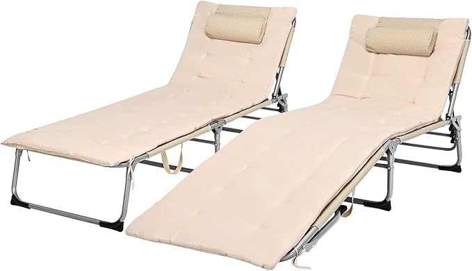 Giantex Lounge Chair Chaise Lounger, Beach Recliner with Mattress, 4 Adjustable Reclining Position, Pillow, Side Pocket for Beach, Sunbathing, Patio, Pool, Lawn, Deck Folding Camping Cot (2, Beige)