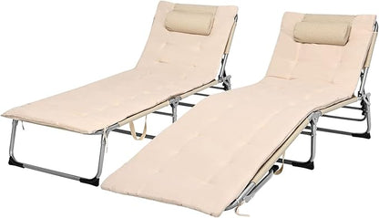 Giantex Lounge Chair Chaise Lounger, Beach Recliner with Mattress, 4 Adjustable Reclining Position, Pillow, Side Pocket for Beach, Sunbathing, Patio, Pool, Lawn, Deck Folding Camping Cot (2, Beige)