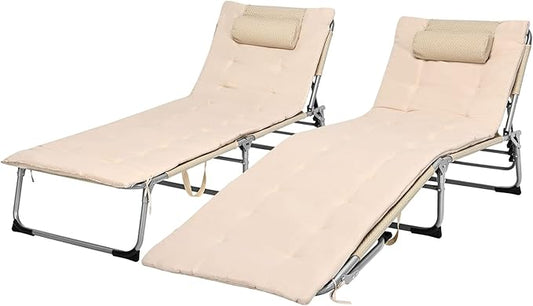 Giantex Lounge Chair Chaise Lounger, Beach Recliner with Mattress, 4 Adjustable Reclining Position, Pillow, Side Pocket for Beach, Sunbathing, Patio, Pool, Lawn, Deck Folding Camping Cot (2, Beige)
