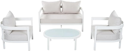 Merax 4 Piece Patio Outdoor Furniture Set, All-Weather Curved Aluminum Loveseat Sofa,2 Armchairs w/Coushions,Oval Coffee Table, Conversation Set for Backyard Deck Poolside, Seats 5 Adult, White