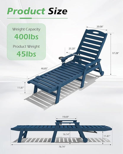 Domi Outdoor Lounge Chairs Set of 2, HDPE Pool Chaise Lounge Chairs for Poolside, Pool Loungers for Outside, Patio, Sunbathing Tanning, Blue