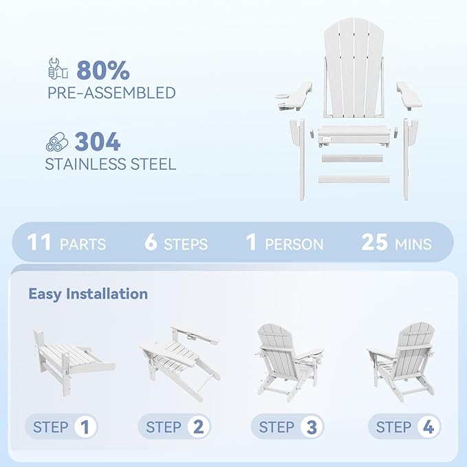Mdeam 3-Position Adjustable Adirondack Chairs Set of 4, 400LBS Capacity, Cup Holder, Wooden Textured, All-Weather HDPE Folding Fire Pit Outdoor Chairs for Poolside Deck Patio Garden Yard Lawn - White