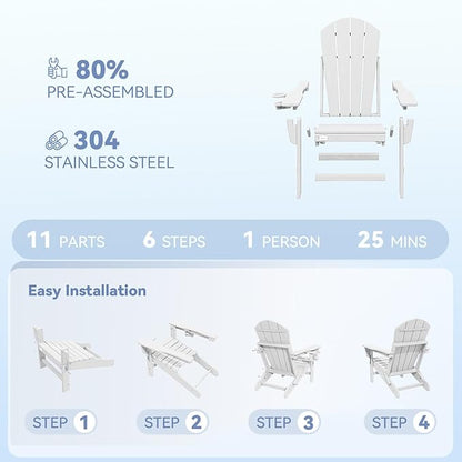 Mdeam 3-Position Adjustable Adirondack Chairs Set of 4, 400LBS Capacity, Cup Holder, Wooden Textured, All-Weather HDPE Folding Fire Pit Outdoor Chairs for Poolside Deck Patio Garden Yard Lawn - White