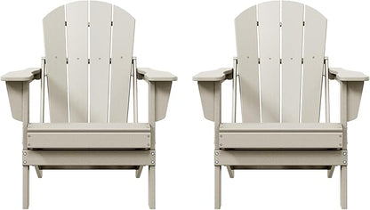 Costaelm Folding Patio Chairs Set of 2, Hdpe Adirondack Chairs Front Porch Furniture Outdoor Seating, All Weather Tanning Chair for Backyard Firepit Garden Lawn, Sand