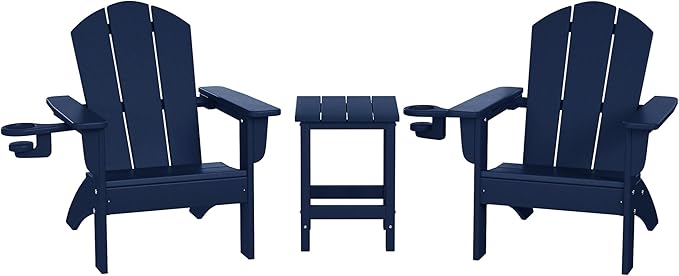 WestinTrends Malibu 3-Piece Kids HDPE Adirondack Chairs Set with Square Side Table and Cup Holders, Navy Blue