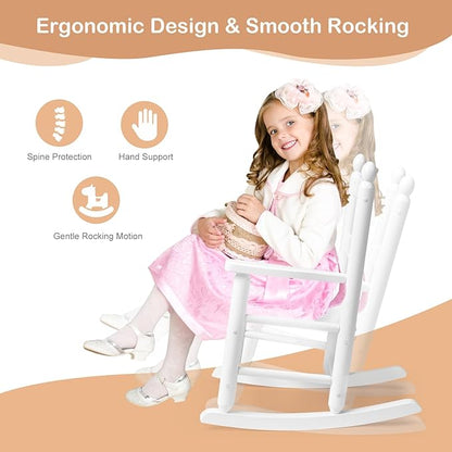 Outvita Outdoor Children's Rocking Chair, All-Weather Wooden Porch Rocker with High Backrest, Ideal for Garden, Yard, and Balcony, Patio Rocking Chair Suitable for Kids Ages 3-6(White)