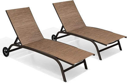 Crestlive Products Outdoor Chaise Lounge Chairs with Wheels Set of 2, Pool Lounge Chairs with 5 Adjustable Position for Patio, Poolside, Yard, Brown
