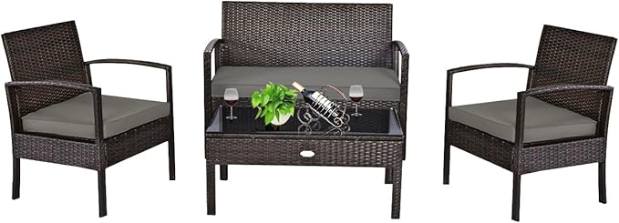 COSTWAY Outdoor Patio Furniture Set 4 Pieces, Wicker Conversation Set with Tempered Glass Topped Table, Seat Cushions, Rattan Chair Wicker Sofa for Backyard Balcony Porch Poolside