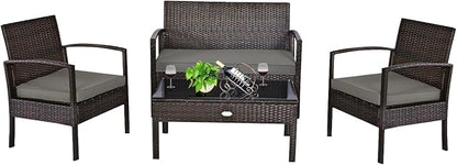COSTWAY Outdoor Patio Furniture Set 4 Pieces, Wicker Conversation Set with Tempered Glass Topped Table, Seat Cushions, Rattan Chair Wicker Sofa for Backyard Balcony Porch Poolside