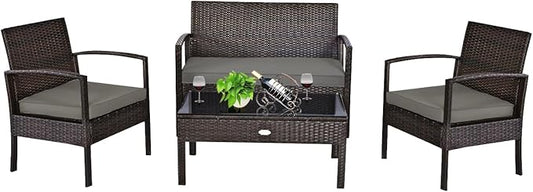 COSTWAY Outdoor Patio Furniture Set 4 Pieces, Wicker Conversation Set with Tempered Glass Topped Table, Seat Cushions, Rattan Chair Wicker Sofa for Backyard Balcony Porch Poolside