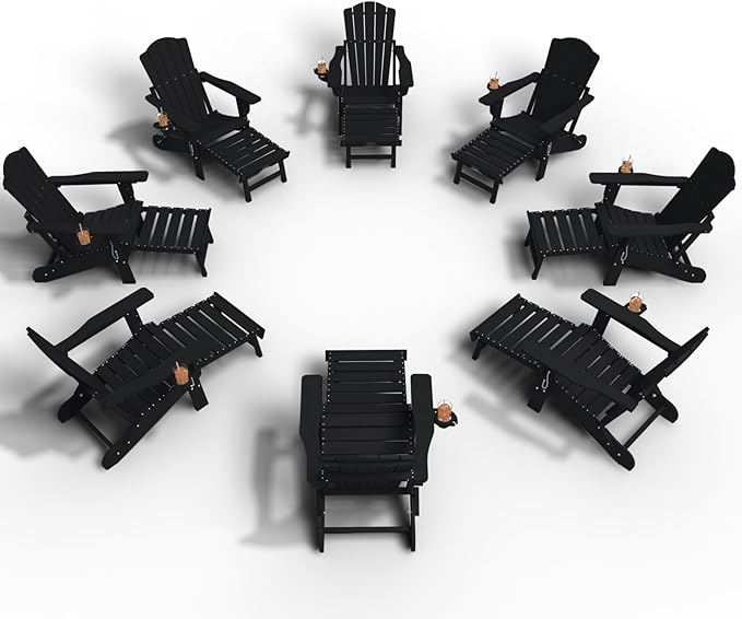 Adjustable Adirondack Chairs with Retractable Ottoman Set of 8, HDEP Folding Adirondack Chair with Footrest & Cup Holder, All Weather Fire Pit Chair for Outdoor,Black
