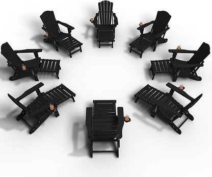 Adjustable Adirondack Chairs with Retractable Ottoman Set of 8, HDEP Folding Adirondack Chair with Footrest & Cup Holder, All Weather Fire Pit Chair for Outdoor,Black