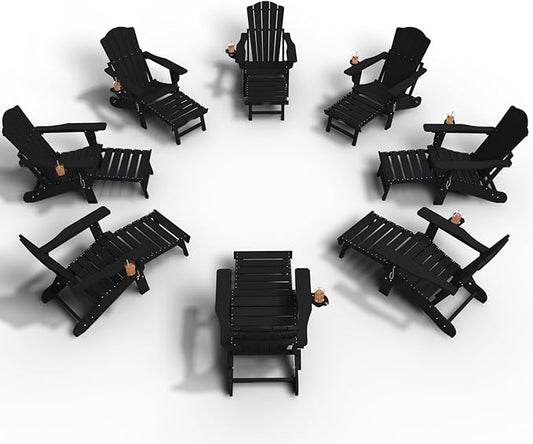 Adjustable Adirondack Chairs with Retractable Ottoman Set of 8, HDEP Folding Adirondack Chair with Footrest & Cup Holder, All Weather Fire Pit Chair for Outdoor,Black