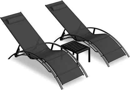 Aluminum Outdoor Chaise Lounge Set of 3,Patio Textilene Lounge Chairs w/Metal Table&Headrest,Sunbathing Recliner w/5 Adjustable Backrest for Outside Yard Balcony Garden Pool Beach Deck,Grey