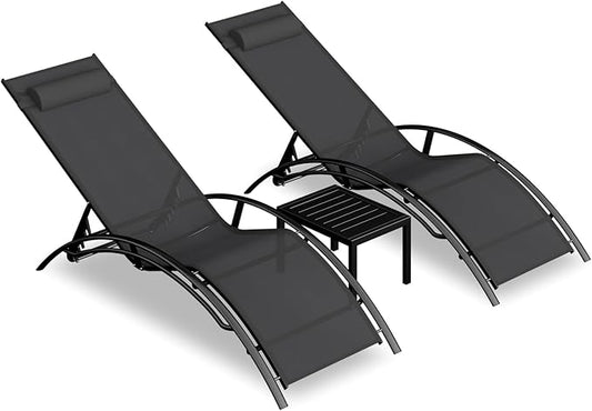 Aluminum Outdoor Chaise Lounge Set of 3,Patio Textilene Lounge Chairs w/Metal Table&Headrest,Sunbathing Recliner w/5 Adjustable Backrest for Outside Yard Balcony Garden Pool Beach Deck,Grey
