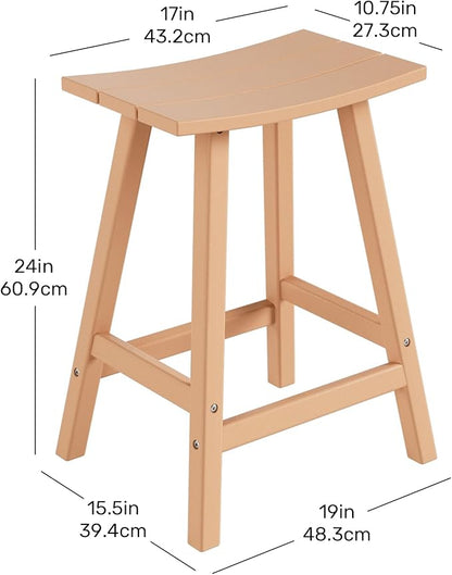 Costaelm All-Weather Bar Stools Set of 2, 24" Height Outdoor Bar Stools, Adirondack Poly Patio Bar Stool for Patio, Deck, Kitchen Counter and Garden, Teak