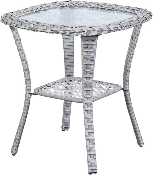 Belord Small Outdoor Side Table - Tempered Glass Wicker Table, Waterproof Patio Coffee Table Rattan End Table with Storage, Light Gray