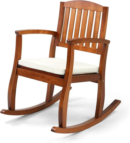 VINGLI Wooden Rocking Chair with Cushion,Outdoor Indoor Rocking Chair Supports Up to 450 lbs,Chair with Comfortable Backrest for Patio, Porch, Balcony (1, Teak)