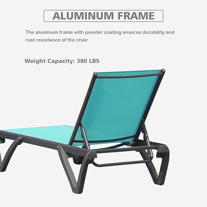 Outdoor Chaise Lounge 2 Pieces Aluminum Patio Lounge Chair with 5 Adjustable Position Recliner Chair Outside Tanning Chairs for Patio, Beach, Yard, Pool (Lake Blue)