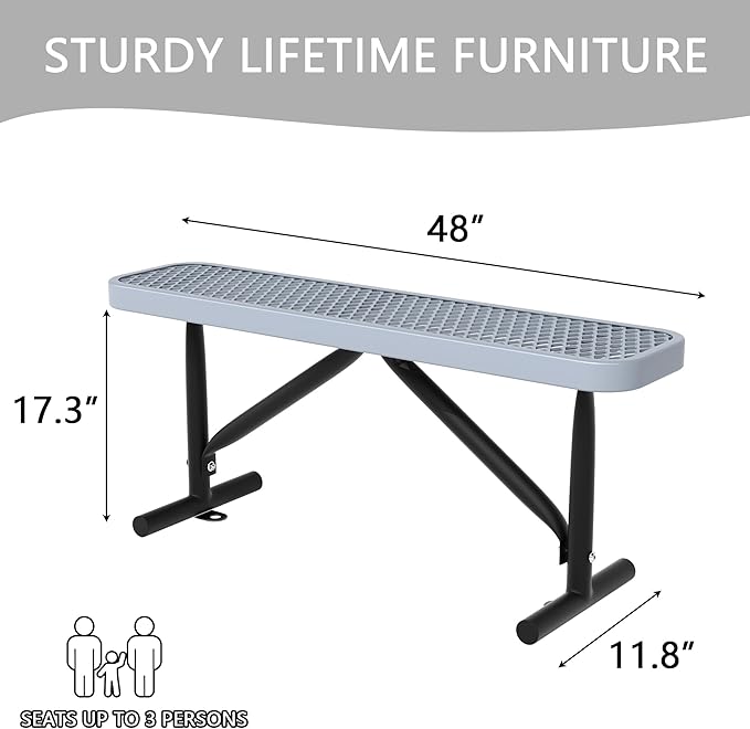 4FT Metal Park Bench for Outside, All-Weather Thermoplastic Coating Outdoor Bench with Anchor, Commercial Heavy Duty Benches for Shopping Malls, Stores, Parks, Patios, Decks, Grey