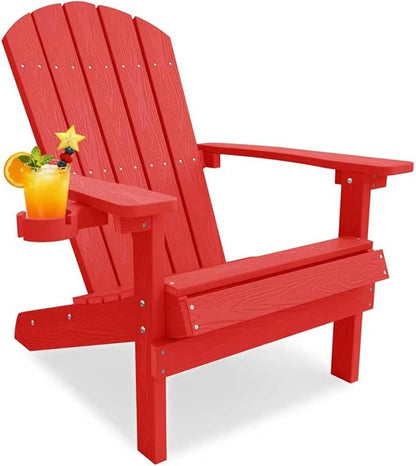 YEFU Adirondack Chair for Outdoor Patio: Zero Gravity Fire Pit Chair Plastic with Cup Holder & Wood Texture - Sturdy All-Weather HIPS for Backyard Poolside Lawn - Easy Assembly(Red)