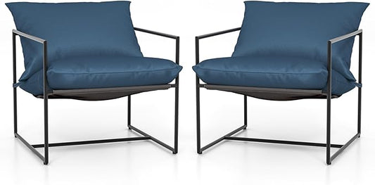 Tangkula Sling Accent Chair, Indoor Outdoor Leisure Chair with Seat & Back Cushions, Weatherproof Seat Fabric & Sturdy Metal Frame, Modern Ergonomic Lounge Chair for Living Room, Balcony (Navy)