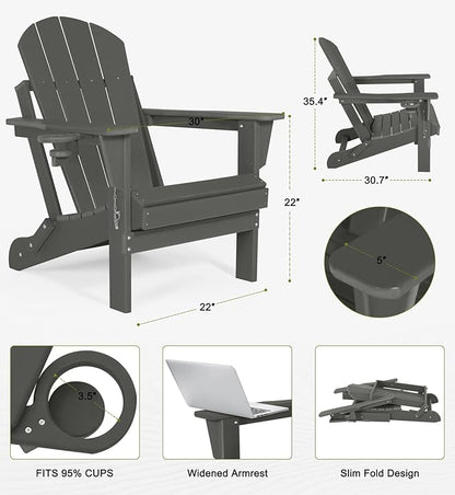 Folding Adirondack Chairs Set of 4 - Plastic Adirondack Chairs with Cup Holder, Weather Resistant for Outdoor, Patio, Lawn, Garden, Backyard Deck, Fire Pit - Dark Gray