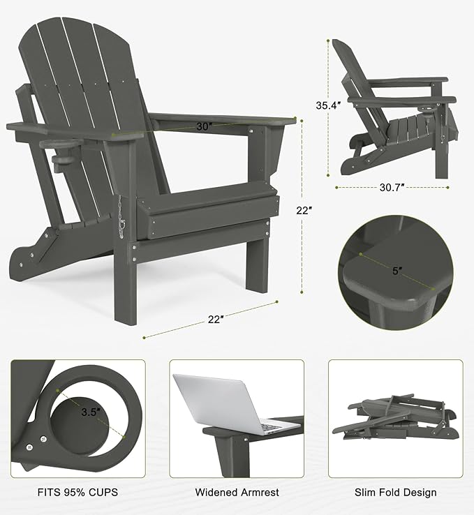Folding Adirondack Chairs - Plastic Adirondack Chairs with Cup Holder, Weather Resistant for Outdoor, Patio, Lawn, Garden, Backyard Deck, Fire Pit - Dark Gray